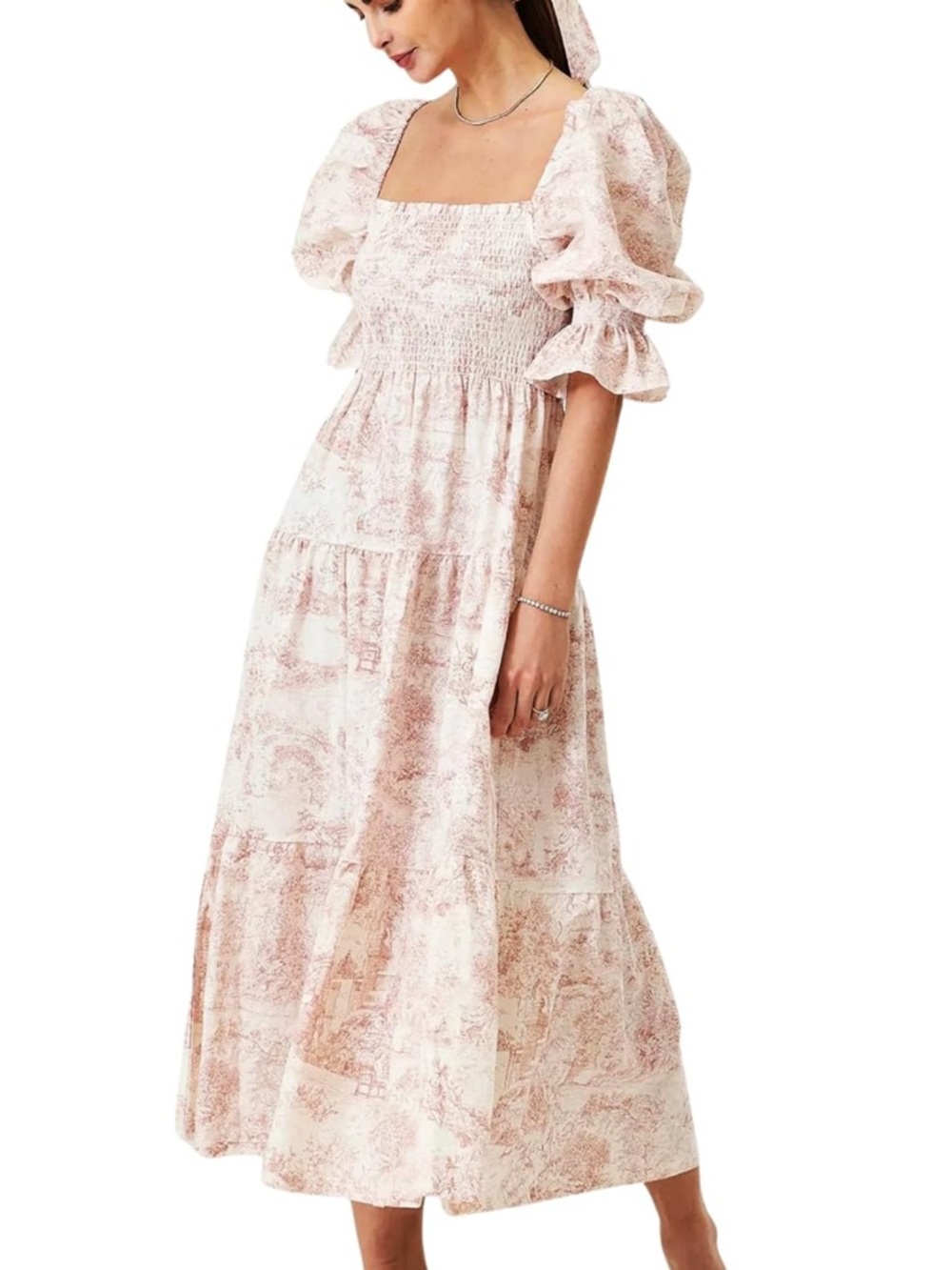 Nothing Fits But Kiko Dress - Smocked Sleeve Midi Dress in Beige BNWT